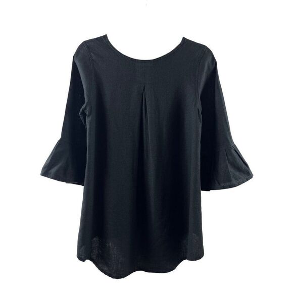 Crown Linen Designs 3/4 Bell Sleeve Hi-Lo Tunic Blouse XS Black European Linen - Picture 4 of 9